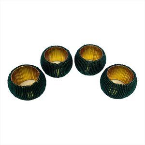 Set of 4 Green Glass Beaded Metal Dinner Napkin Rings